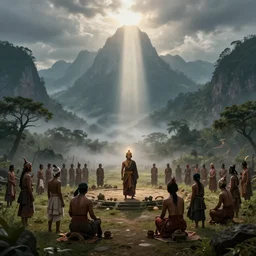 ancient indonesia, indonesian villagers, punakawan warriors and priests, atmospheric, wimmelbilder, matte painting, background mountains, shafts of lighting, mists, epic, rule of thirds, 3 5 mm, 8 k, corona render, octane render, trending on artstation, ultra - detailed, hyper - realistic, volumetric lighting, 8 k