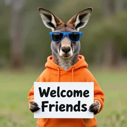 a portrait photo of a kangaroo wearing an orange hoodie and blue sunglasses ( ( ( holding a sign ) ) ) on the chest that says welcome friends