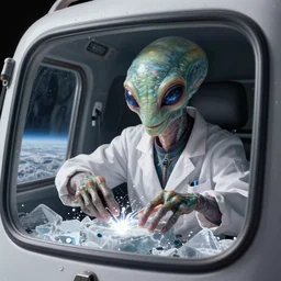 close - up portrait of an alien scientist creature in his vehicle, breaking through the moon europa ice layer for the first time