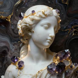 abstract highly detailed female sculpture portrait made of white marble and dark amethyst crystals quartz, ethereal lights, fine details, artstation, film still, rim light, cinematic photoshooting, luxury, 8 k, intricate golden filigree, octane render, hypperrealistic painting, abstract liquid acrylic art