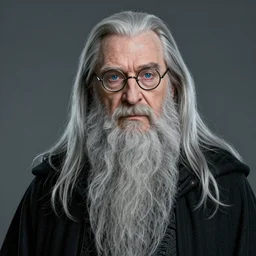 portrait of very tall and big 8 0 - year - old man, with blue eyes, very long silver hair, and very long silver beard, a long crooked nose, wearing half rounded glasses, dumbledore, wearing in black cloak, hyper realistic face, beautiful eyes, character art, art by mark brooks, hyperdetailed, cryengine, trending on artstation, digital art