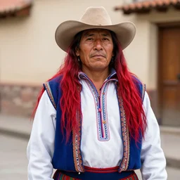 a Peruvian man in traditional clothes with long red hair