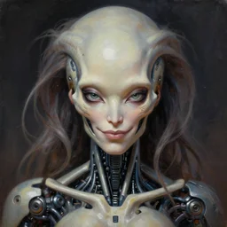 perfectly centered portrait, front view of a beautiful biomechanical android alien robot skull, female, flowing hair, intense stare, sarcastic smile, symmetrical, concept art, intricate detail, volumetric shadows and lighting, realistic oil painting by tim hildebrandt and greg rutkowski,