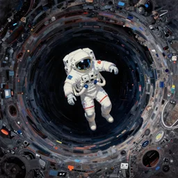 a beautiful glitched painting by akiya kageichi of a cosmonaut in space suit falling into a dark abyss