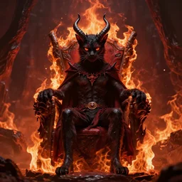 evil cat with horns on its head sitting on a burning throne, the lord of hell, vast expanse of hell background, cat satan, highly detailed photo