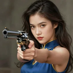 beautiful asian girl with a revolver looking into the camera, 2d concept illustration, detailed, intricate, by Tran Nguyen