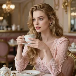 cinestill 5 0 d editorial portrait of a dreamy beautiful woman britt marling 3 / 4 by roversi taking a tea sitting in a dystopian baroque tea cafe, long hair, wearing lace, 8 k, elegant, highly detailed, pale pink and gold matt, soft blur, artstation, sharp focus, head in focus, hiper realistic,