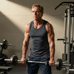 muscular Saul Goodman working out, movie still, photorealistic
