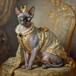 the royal king's sphynx cat by greg hildebrant fancy rococo baroque regal feline oil painting high quality award winning clothed in fancy garb