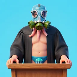 a staggeringly colorful beautiful photograph of a cyclops judge wearing a squid gas mask and jellyfish underwear. he is standing on a podium, illuminated uplighting strongly from his feet. he is radially expanding at the speed of sound. 3 5 mm film, perfect focus, amazing chromatic hallucinatory experience.