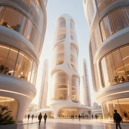 the inside of a very tall building, big pods, big windows, octane render, warm colour scheme, white, cyberpunk architecture by zaha hadid, cinematic, scenery, unreal engine, render, cgsociety, modernism, futuristic, artstation, sci - fi, high detail, high quality, close up angle, people walking
