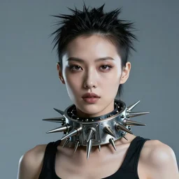a digital artwork of futuristic woman wearing technological large steel spiked collar, steel choker on neck, cyberpunk ,4K, portrait, punk hairstyle,