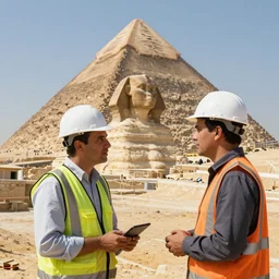 a photograph of an egyptian engineer and a construction worker talking infront of a half constructed pyramid, dslr, high resolution