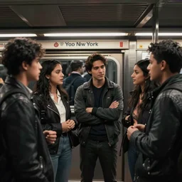 A group of friends talking while standing in the crowded New York metro, cinematic, 4k, thriller