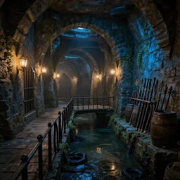 an ancient medieval dungeon interior tunnel with stone walls, gentle ambient lighting, bridges and railings, stagnant water, barrels and weapon racks, sewage, iron bars, vines, neon lighting, cyberpunk, bluestone, trending on artstation, fantasy