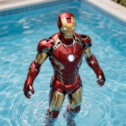 iron man suit floating in pool, 4k realistic photo