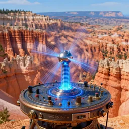 close up photograph of a strange surrealist detailed alien electronic-wind-tesla-coil-musical-instrument!!, designed by pixar!!,  in the background is a bryce 3d surrealist landscape biome, hyper detailed, photorealistic, John Howe, Peter Andrew Jones, Blacklight fantasy poster, 90s videogame screenshot, 8k, hd