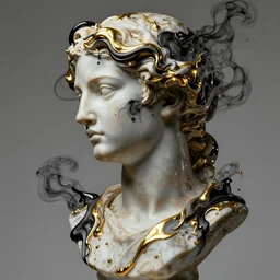 epic concept art. manga comics. abstract female face silhouette mixing with black and gold liquid fluid and smoke. bust sculpture. highly detailed. masterpiece by michelangelo. concept art, matte painting.