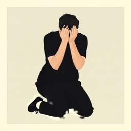 kevin dart risograph grainy simplified minimalist art style, portrait of man kneeling, head in hands, vintage advertising, wes anderson color palette, james gilleard full body character portrait