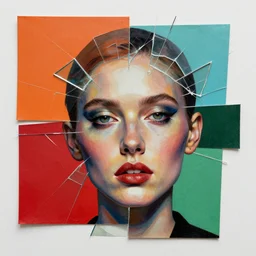 languid temptation. minimalistic paper collage with canvas texture in style of contemporary art, punk art, realistic face, expressionism, masterpiece, perfect composition, photorealistic beautiful face, spectacular quality, intricate details, shattered glass textures, orange, red, cyan, green, black