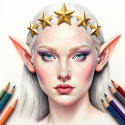 Intricate five star Snow Elf portrait, Colored pencil on paper, high detail, skin texture, photo realistic, hyperrealism,matte finish, high contrast, 3d depth, masterpiece, vivid and vibrant colors, Prismacolor Pencils,artstationhd