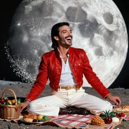 color photography of Freddy mercury laughing while having a picnic on the moon