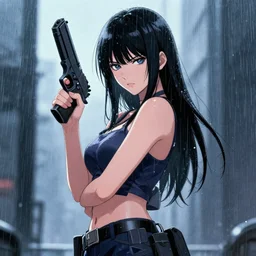 pretty woman holding a gun, by wlop, rain, poster, anime key visual, artstation