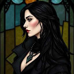 beautiful and detailed profile portrait of yennefer from the witcher 3, black necklace, long black and grey coat, long black hair, stained glass art, by alphone mucha, very masterful