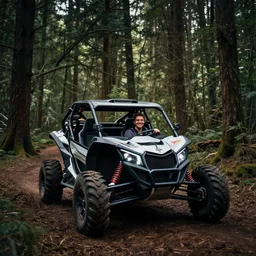 amazing landscape photo of an off road buggy with a smiling driver inside inside a forest by marc adamus, beautiful dramatic lighting