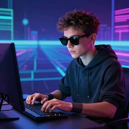 gigachad typing on computer with sunglasses, synthwave background, exploitable image