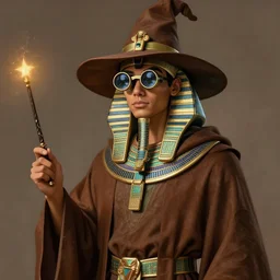 an anthropomorphic beautiful male egyptian wizard portrait holding magic wand wearing brown hoodie robe, binoculars glasses, wizard hat, fine art, award winning, brown colour scheme, intricate, elegant, sharp focus, octane render, hyperrealistic, wizard hat cinematic lighting, highly detailed, digital painting, 8 k concept art, art by jamie hewlett and z. w. gu, masterpiece, trending on artstation, 8 k