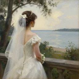 Southern Gothic scene of a bride looking the distant shore, painted by Michal Karcz