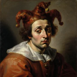 painting of sad jester, oil painting by caravaggio, 1 7 th century, art, oil on canvas, wet - on - wet technique, baroque, realistic, expressive emotions, intricate textures, illusionistic detail