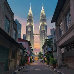 backlane alley with kuala lumpur twin towers in the background, evening, studio ghibli, artstation