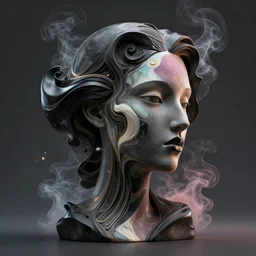 epic concept art. 3 d abstract female face silhouette mixing with black and color liquid fluid. abstract sculpture. art deco swirls. smoke simulation, vfx, cinema 4 d, tyflow. masterpiece, michelangelo. concept art, matte painting. greg rutkowski, wlop, victo ngai, kandinski, octane render, bokeh light