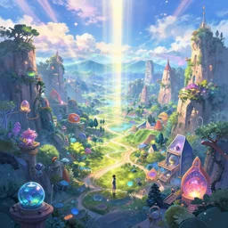 wonderland fairytale valley landscape crossroad beauty vibrant digital matte cyber Aquarium artstation, cgsociety, 8k  behance hd by Jesper Ejsing, by RHADS, Makoto Shinkai and Lois van baarle, ilya kuvshinov, rossdraws global illumination radiating a glowing aura  rays of sunlight