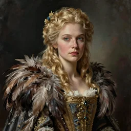 portrait painting of a beautiful blonde lady with a kind face wearing a feathered cloak and noble garments, ultra realistic, concept art, intricate details, eerie, highly detailed, photorealistic, octane render, 8 k, unreal engine. art by artgerm and greg rutkowski and charlie bowater and magali villeneuve and alphonse mucha