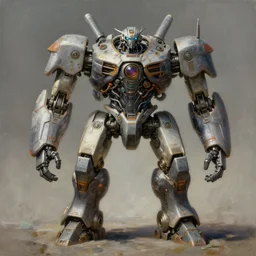 epic painting of a realistic four - legged intricate battle robot, rule of thirds, golden ratio, subject in center of frame, detailed science fiction matte painting, trending on artstation