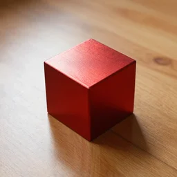 a red metallic cube on a shiny wooden floor light