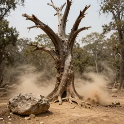 a dry and dead huge tree in a forest and eroded stones, dust, wind, dirt, advertising photography