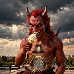 The devil eating ice cream in paris, surreal artwork