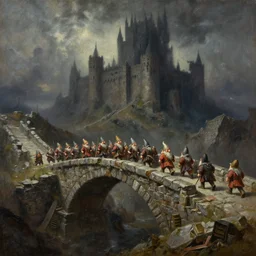 exquisite paul bonner oil painting of an army of dwarfs crossing a decrepit ancient stone bridge over a chasm towards an dark foreboding castle, fantasy, atmospheric, artstation, d & d
