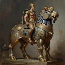 Mystical muscular lamassu, Regal, Realistic, Refined, Detailed Digital Art, Oil Painting, William-Adolphe Bouguereau, Art Frahm, Steampunk, Walt Disney (1937), Highly Detailed, Cinematic Lighting, Unreal Engine, 8k, HD