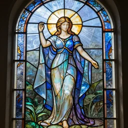 Goddess of stained glass dreams, light beams, translucent