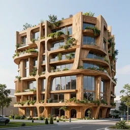 futuristic timber building facade with windows and vegetation - h 9 6 0