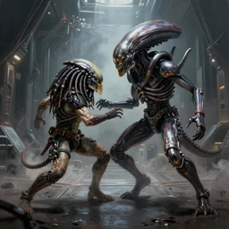 ultra realist and ultra intricate detailed soft painting of a metal xenomorph fighting a Predator in a futuristic hallway, sensual gloomy style, volumetric clouds, artstation, unreal render, depth of field