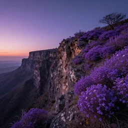 cliff side at dusk, alien planet, photograph, magnificent colors, purple flora