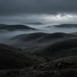 beautiful surreal landscape, foggy misty hills, dark and eerie, high resolution textures, volumetric lighting effect