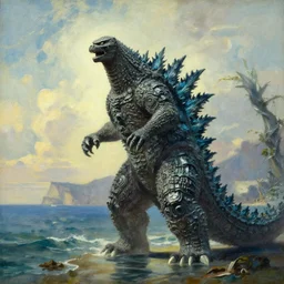 godzilla on the coast painting by aivazovsky