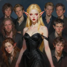 a painting of an female elf wearing a black dress with blonde hair and red eyes. by edward robert hughes and craig davison and tooth wu and wlop and beeple and greg rutkowski. trending on artstation, highly detailed, volumetric lightning